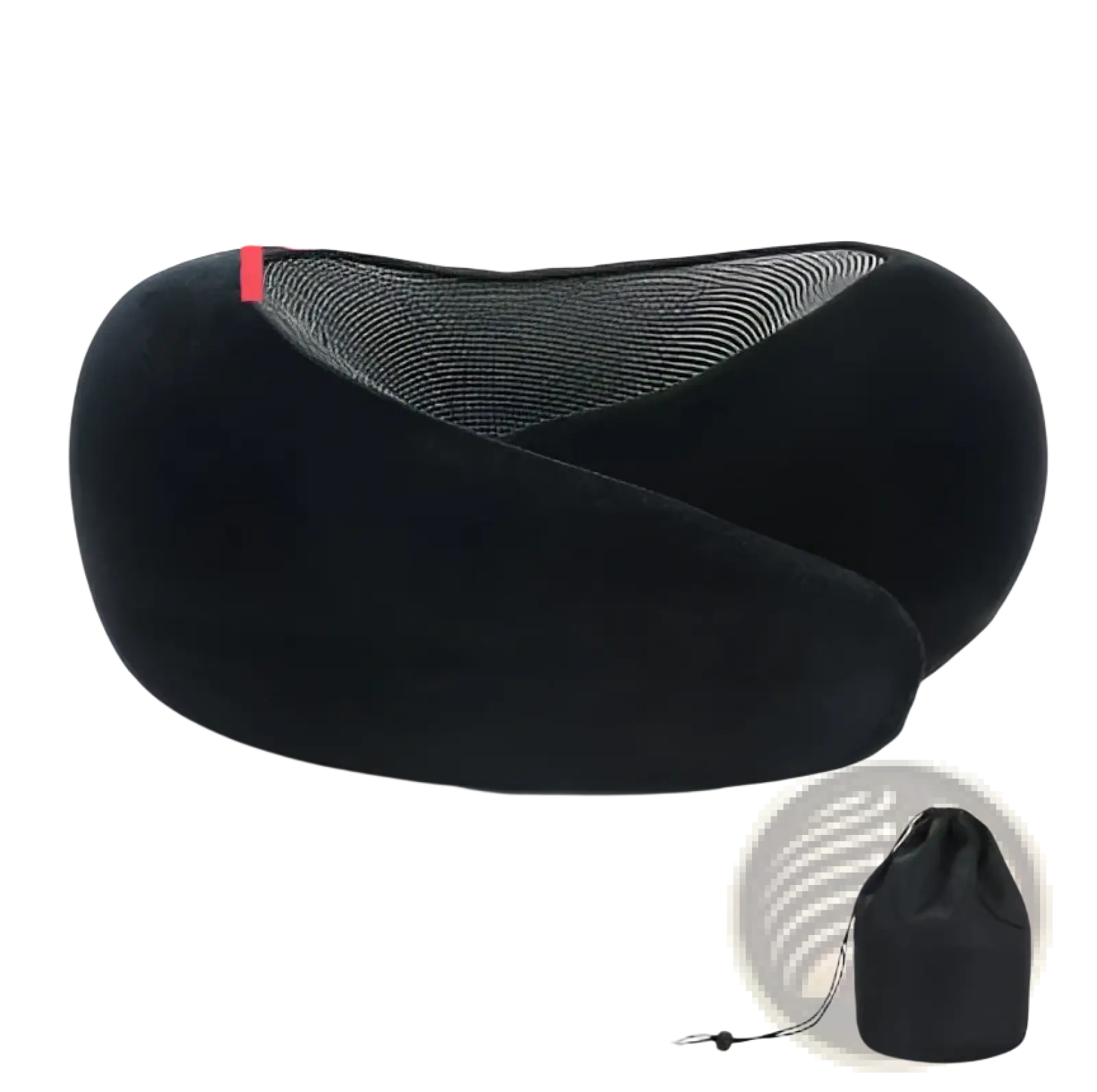 Black velvet memory foam travel neck pillow with mesh interior and adjustable velcro closure for support