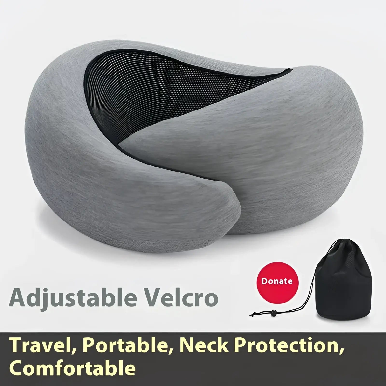 Gray memory foam travel neck pillow with adjustable velcro straps and black mesh interior for support and comfort