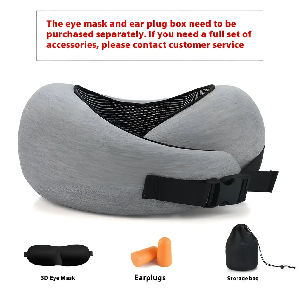 Gray memory foam travel neck pillow with black mesh and strap accents for adjustable support and comfort