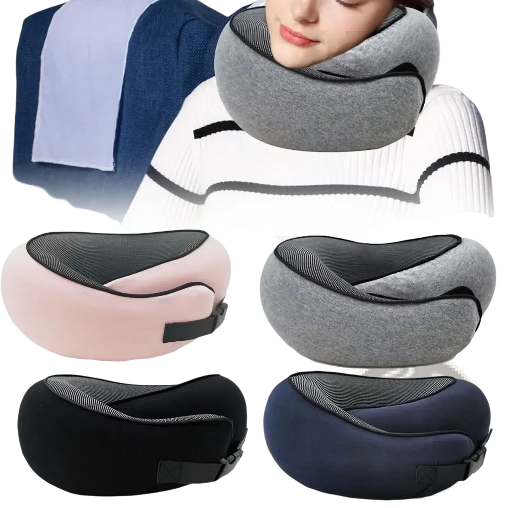 Gray memory foam travel neck pillow with black trim and adjustable strap for comfortable support on the go