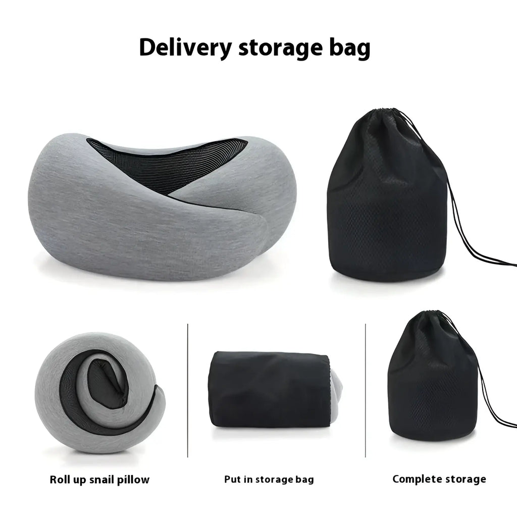 Gray memory foam travel neck pillow with black mesh interior designed for adjustable neck support during flights