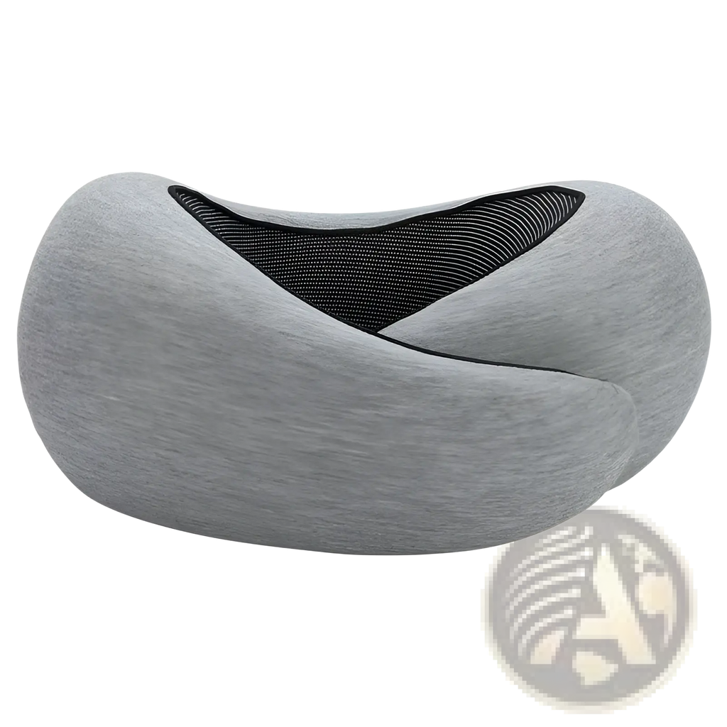 Memory foam travel neck pillow with gray textured fabric and black mesh interior for adjustable support and comfort