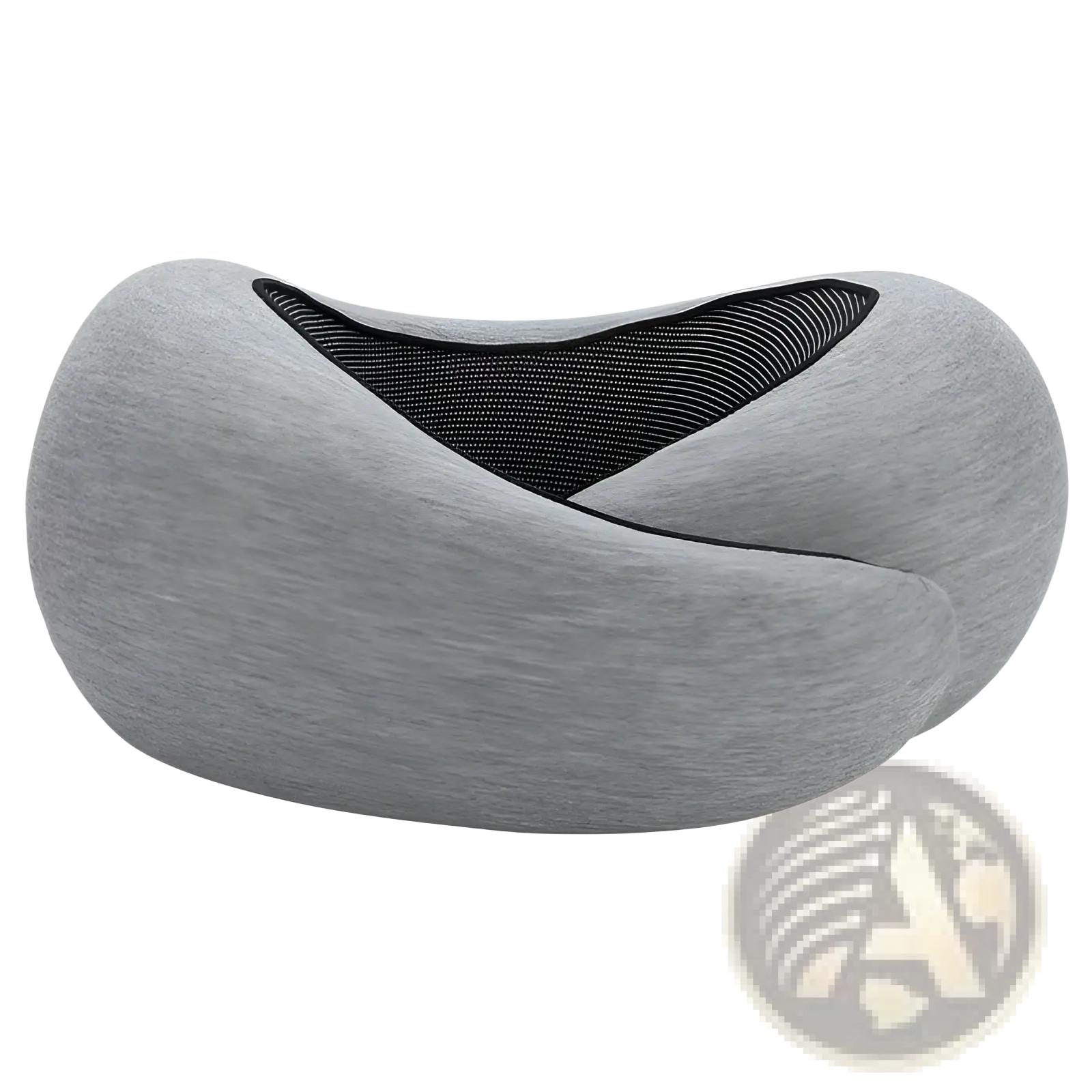Memory foam travel neck pillow with gray textured fabric and black mesh interior for adjustable support and comfort