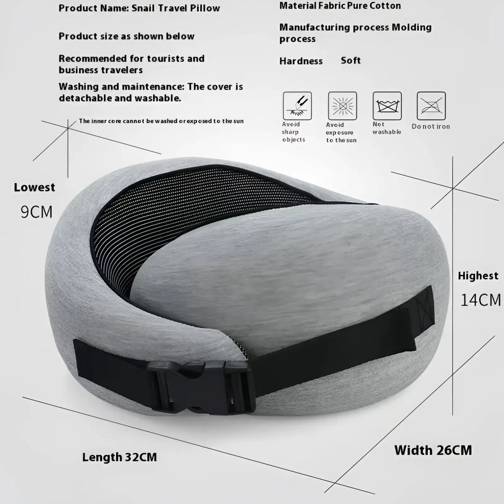 Gray memory foam travel neck pillow with black mesh strap designed for adjustable support during flights and long trips