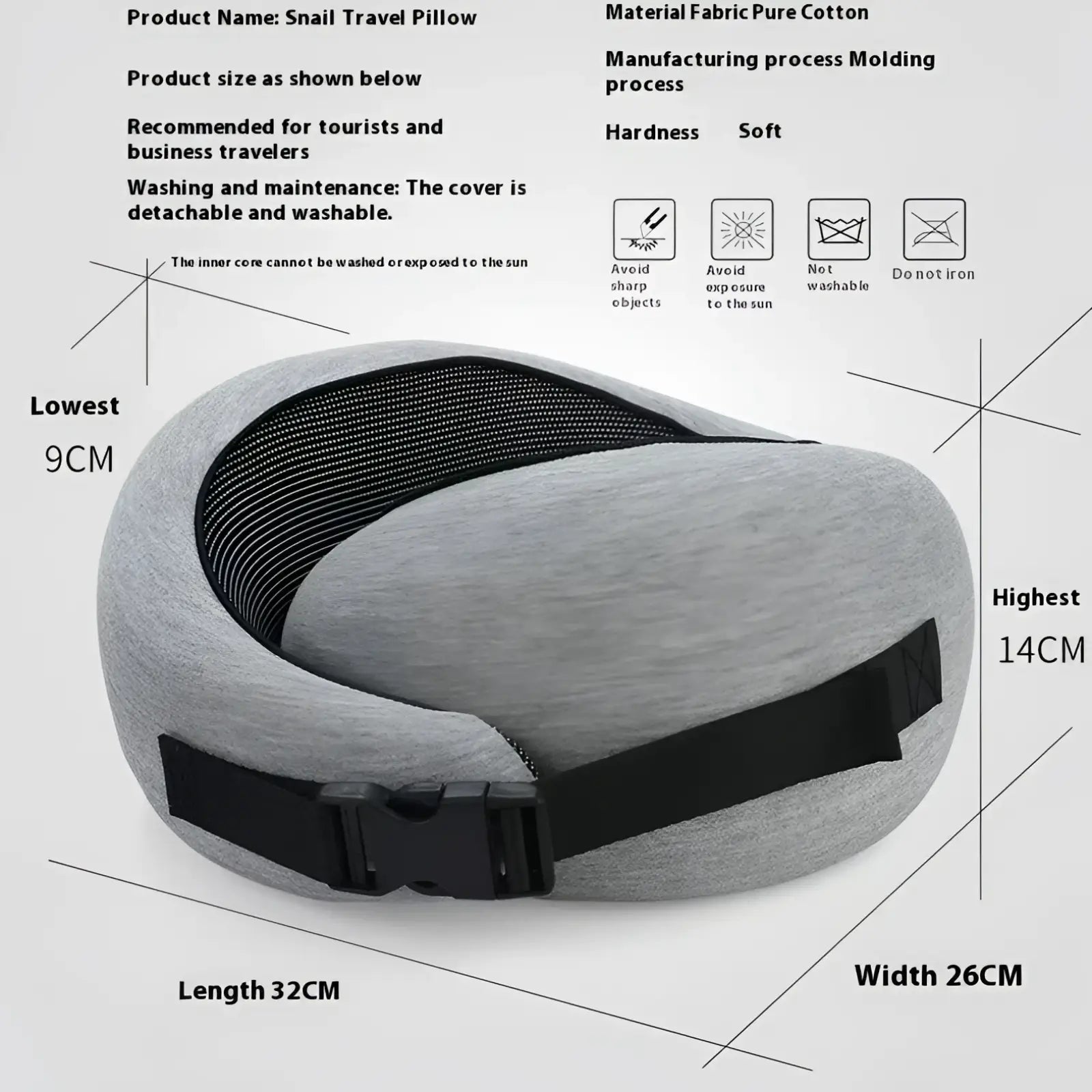 Gray memory foam travel neck pillow with black mesh strap designed for adjustable support during flights and long trips
