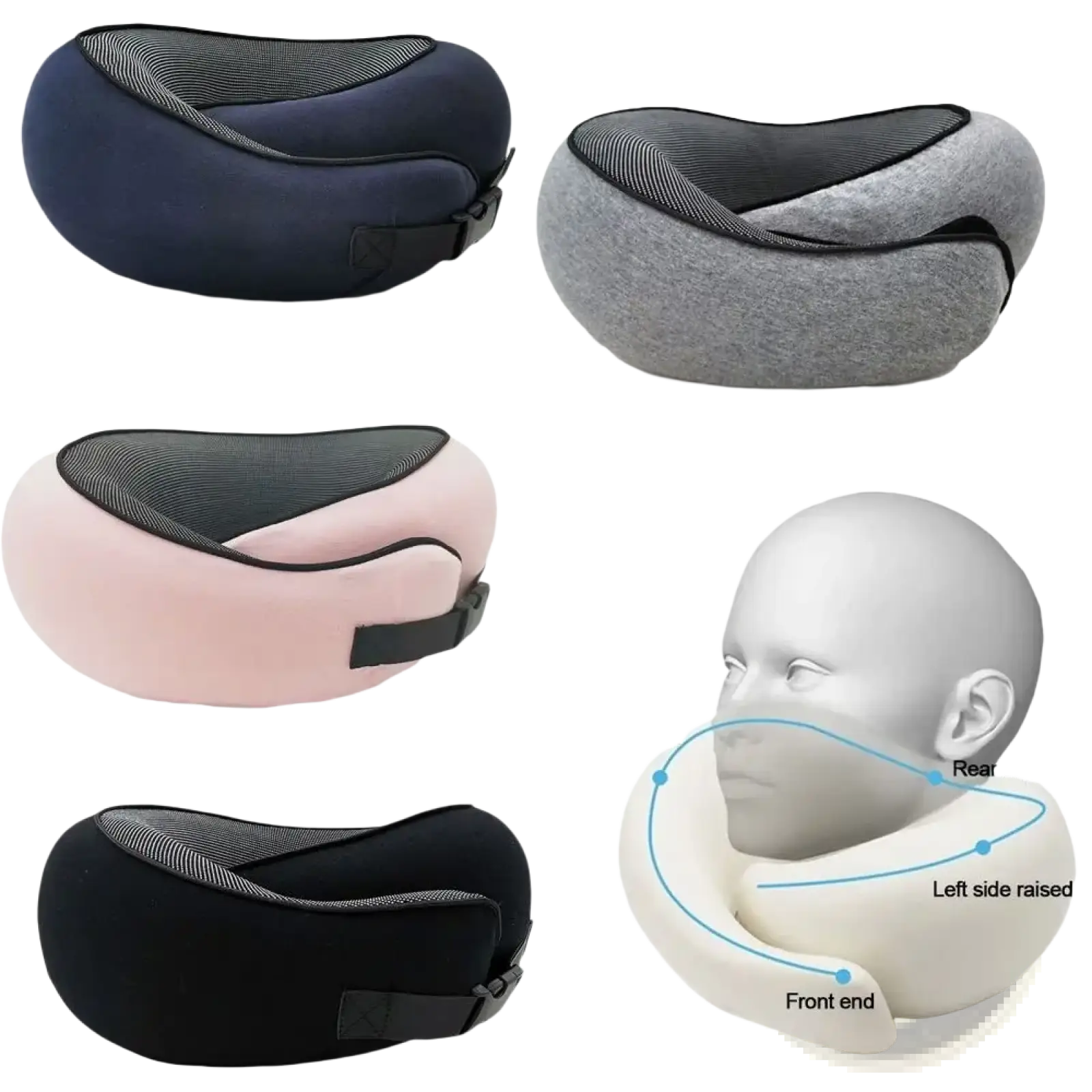Memory foam travel neck pillow in navy gray pink and black with mesh lining and adjustable strap for support