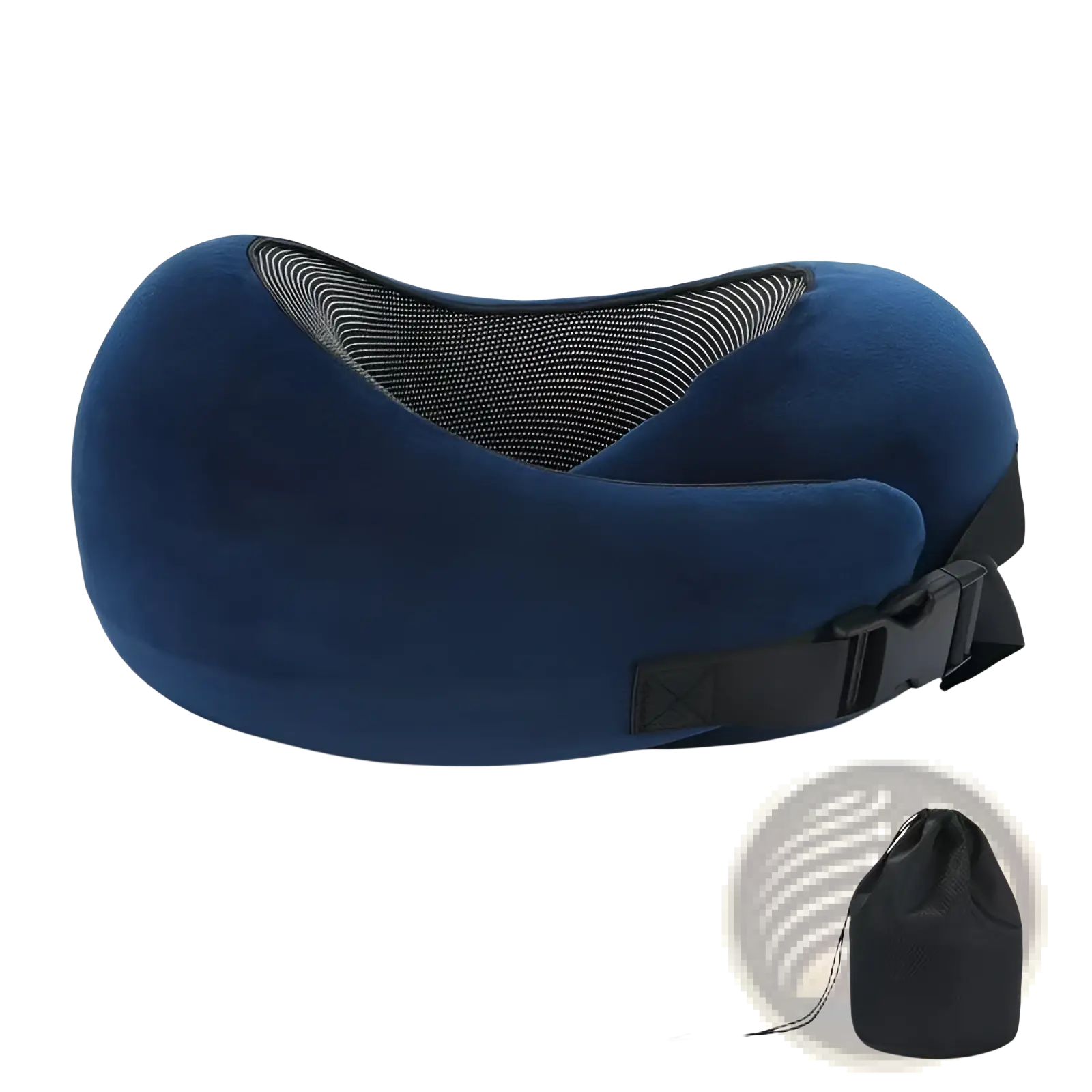 Navy blue memory foam travel neck pillow with mesh interior and adjustable strap for customizable support