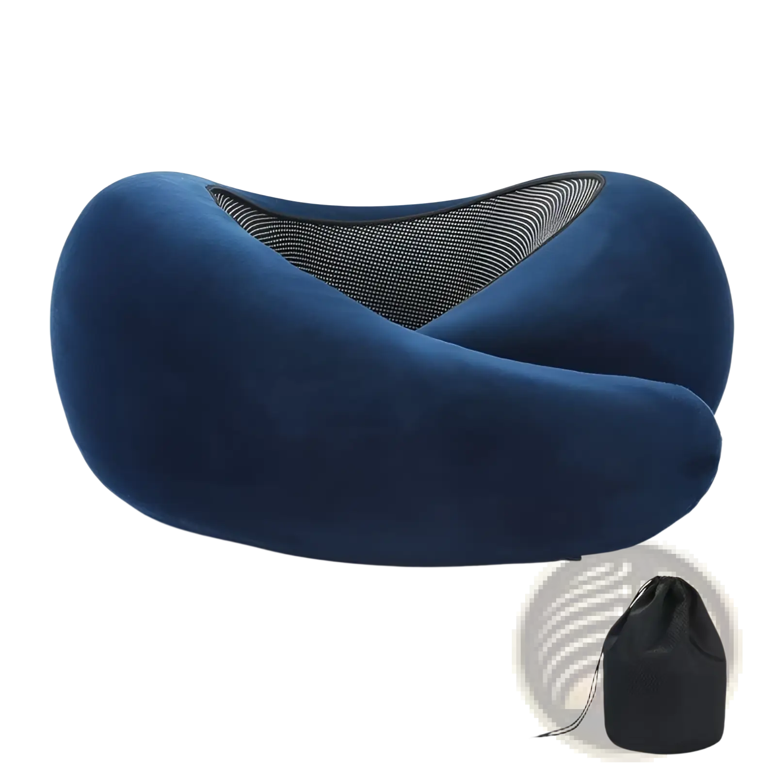 Navy blue velvet memory foam travel neck pillow with mesh interior and velcro closure for adjustable support