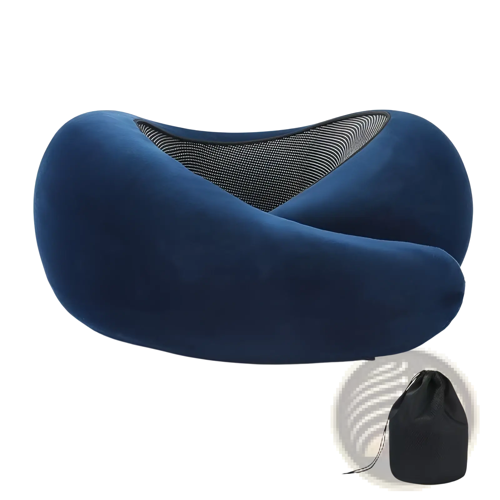 Navy blue memory foam travel neck pillow with mesh interior offering adjustable support for comfortable travel
