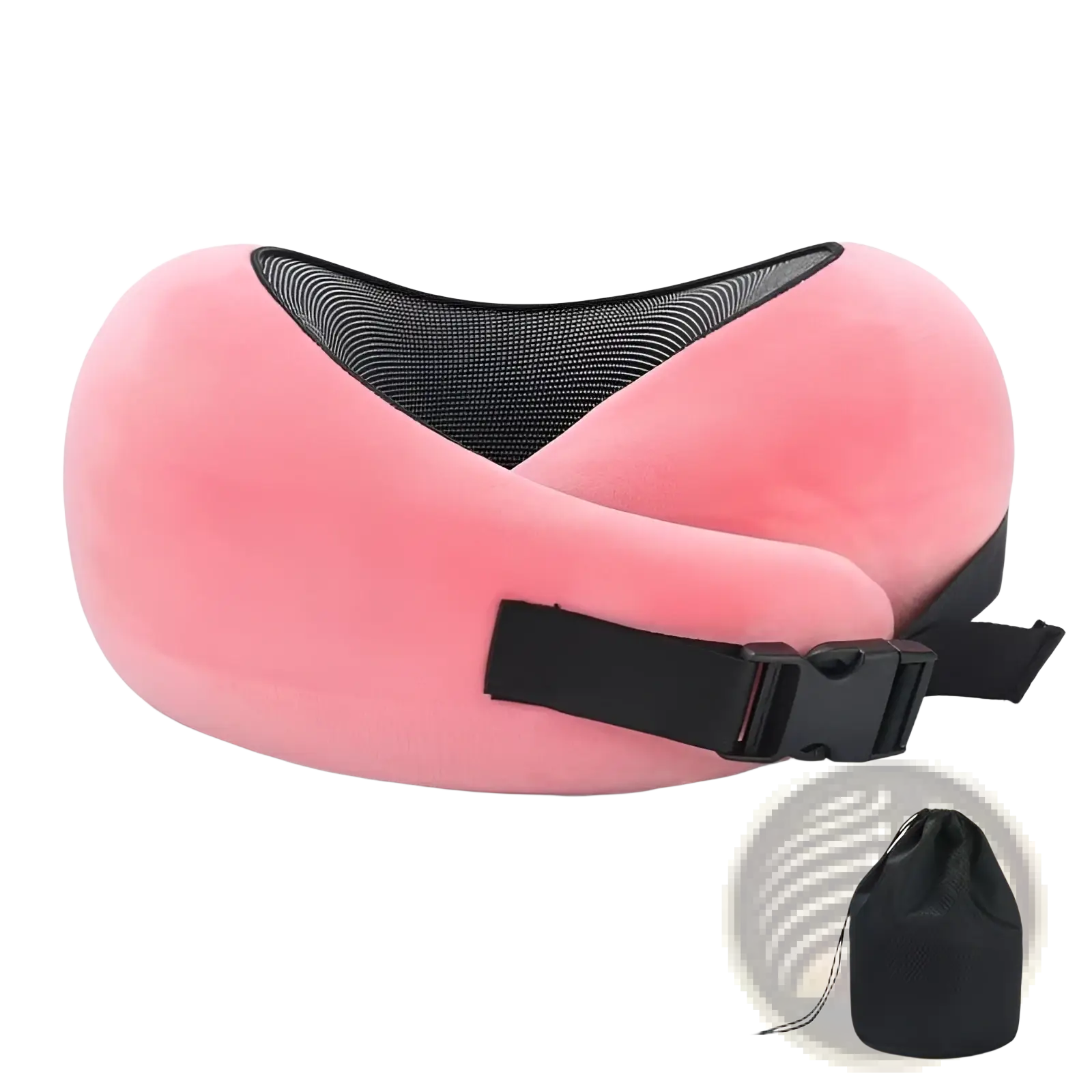 Pink memory foam travel neck pillow with black mesh interior and adjustable strap for supportive comfort