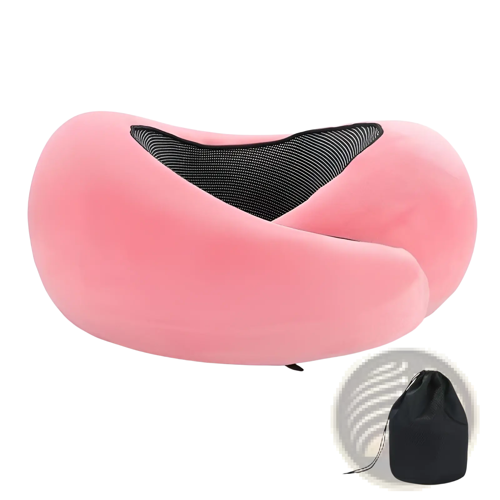 Pink memory foam travel neck pillow with black mesh interior and adjustable support for comfortable travel use