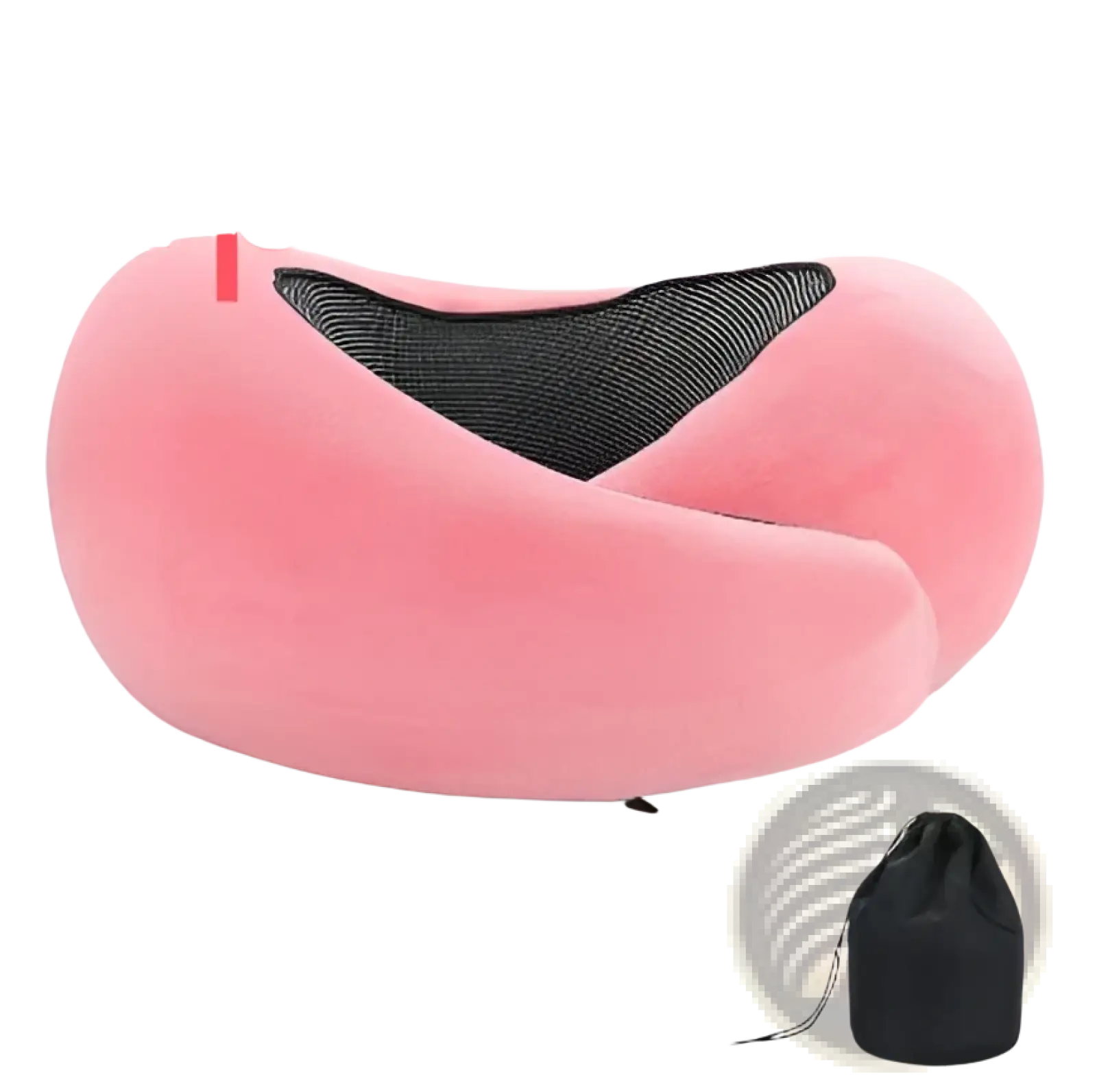 Memory foam travel neck pillow in pink plush with black mesh interior and velcro closure for adjustable support