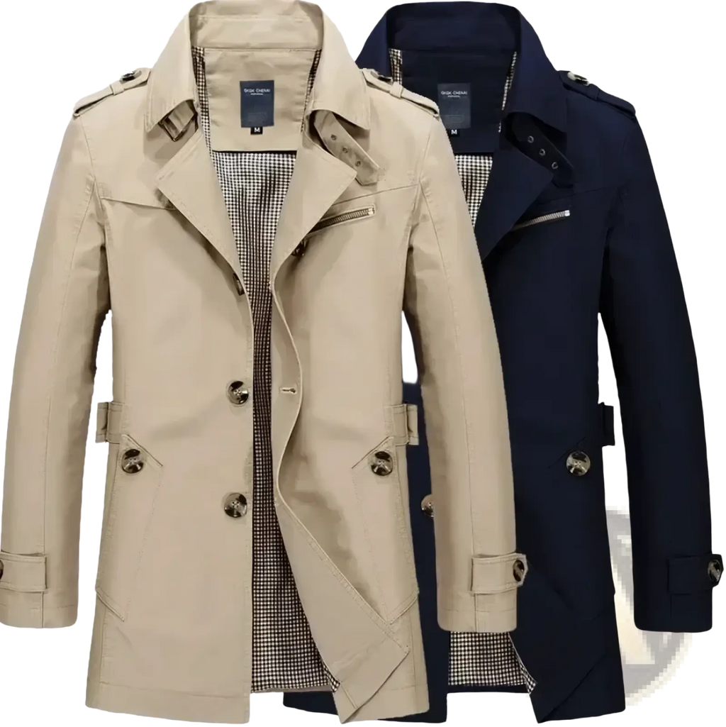 Beige men 100% cotton casual trench coat with classic collar double-breasted front and matching buttons