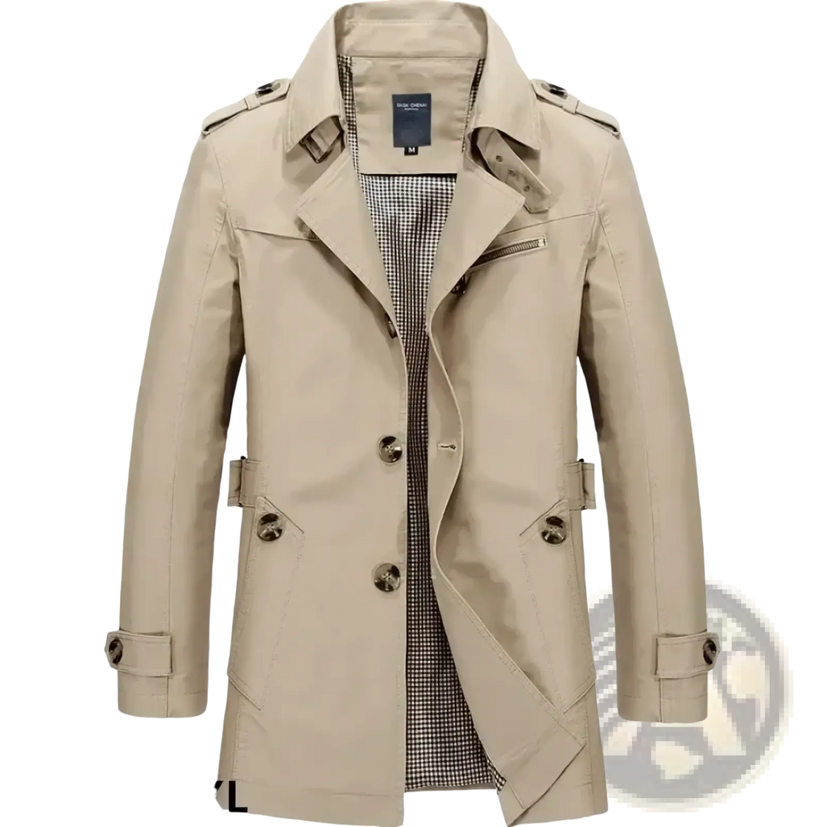 Beige men 100% cotton casual trench coat with classic collar buttoned front and matching belt details