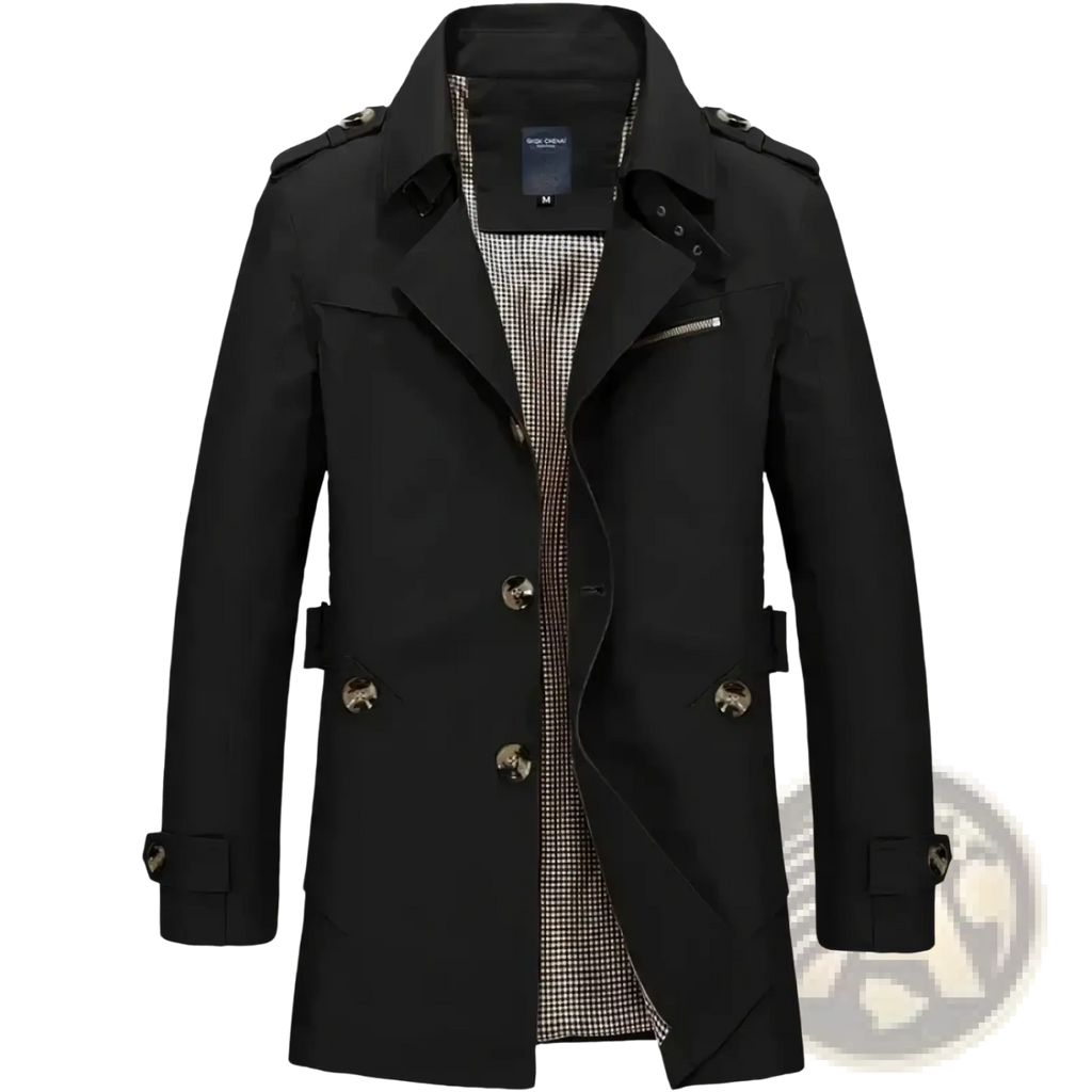 Men 100% cotton black casual trench coat with silver-toned buttons, epaulets, and checkered lining