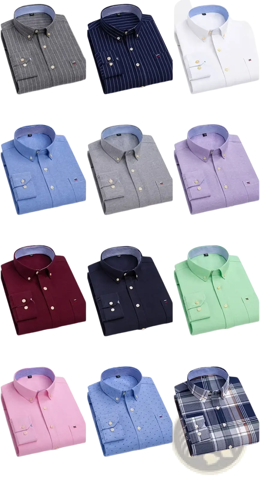 A collection of men 100% cotton oxford shirts slim fit formal in various solid and patterned colors including stripes polka dots and plaid