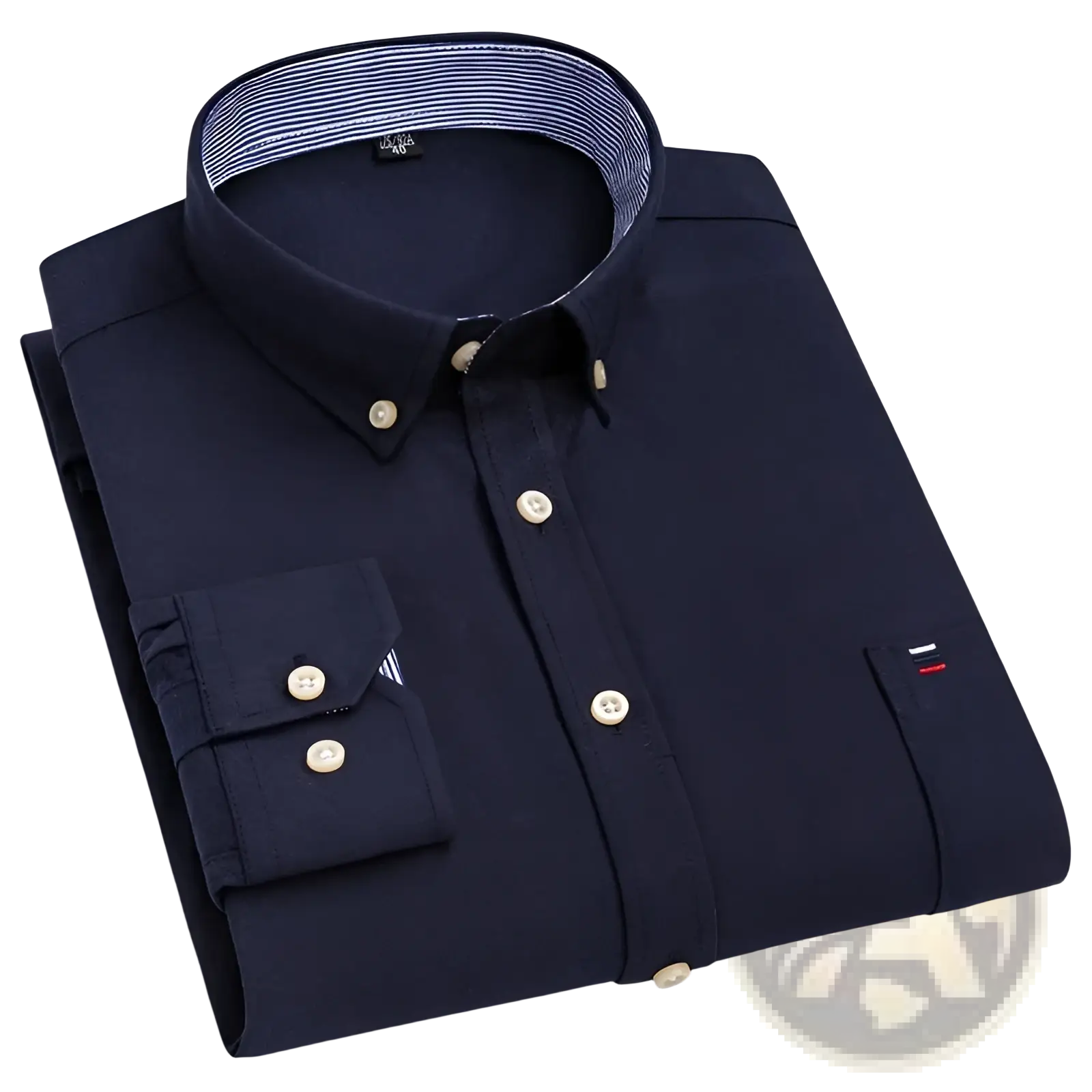Dark navy men 100% cotton slim fit oxford shirt with striped inner collar and cream-colored buttons for formal wear