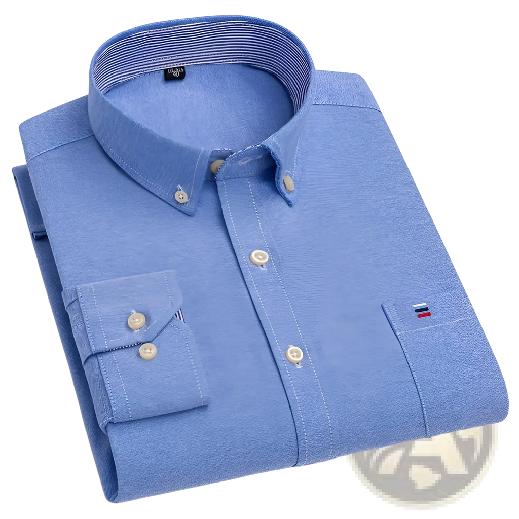 Men 100 percent cotton oxford slim fit formal shirt in light blue with beige buttons and subtle textured weave