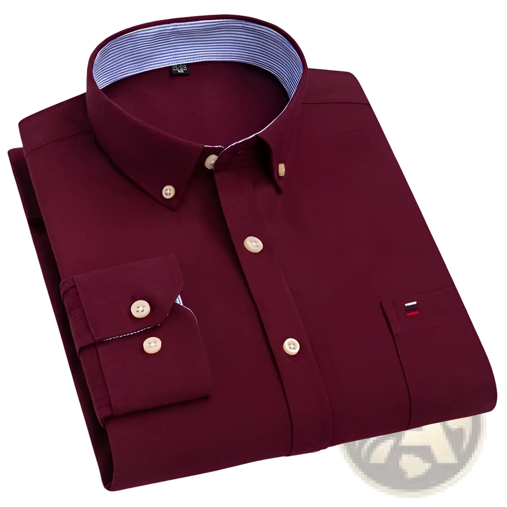 Men 100% cotton oxford shirt slim fit formal maroon button-down with cream buttons and striped inner collar lining