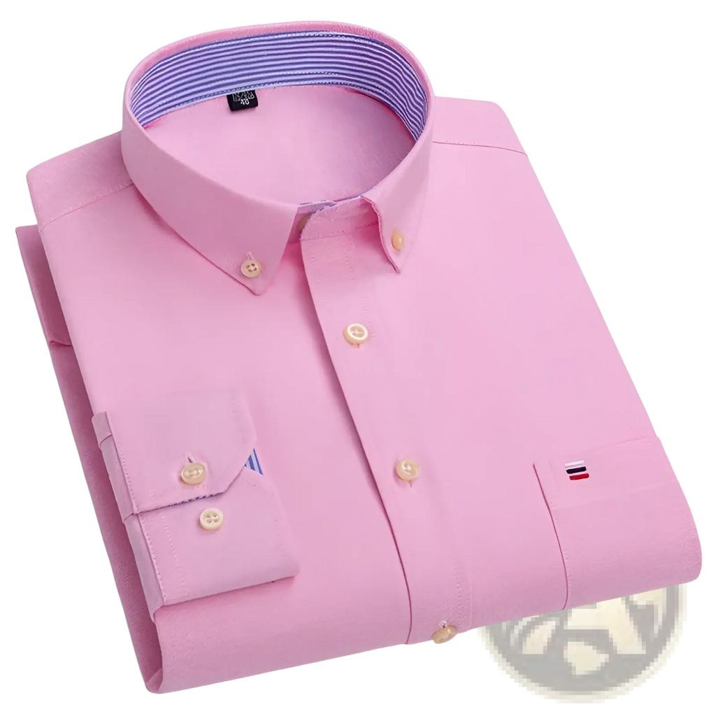 Men 100% cotton oxford shirt slim fit formal pink with subtle textured weave cream buttons and striped inner collar lining