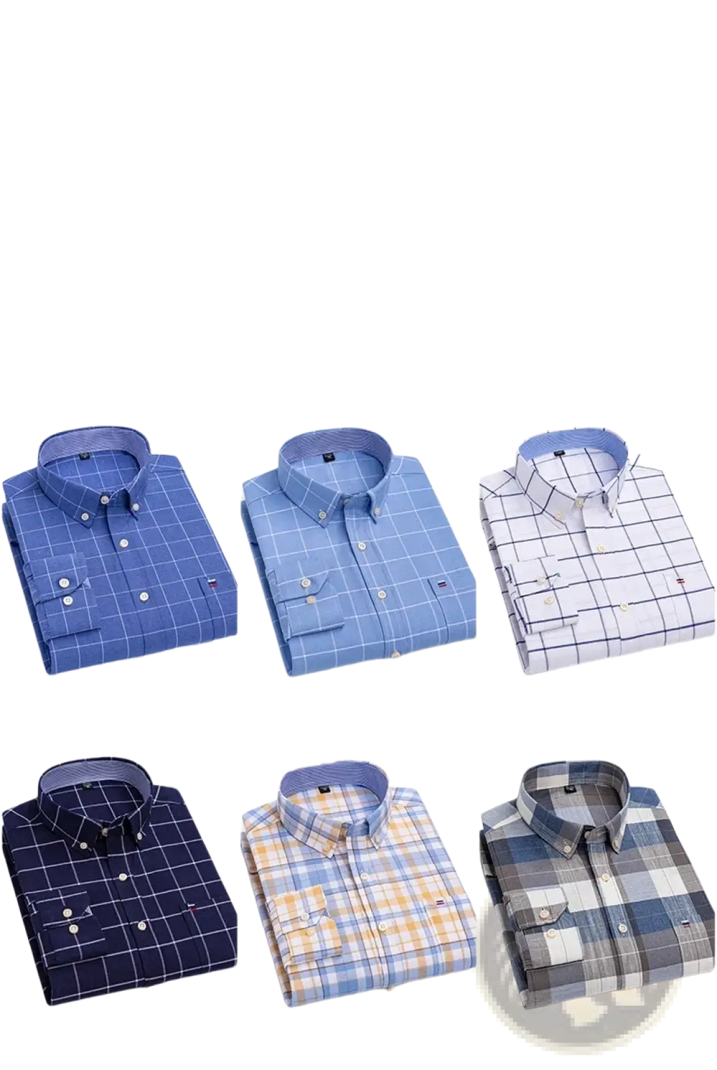 Men 100% cotton oxford slim fit formal button-down shirts in various blue plaid and solid patterns with chest pockets