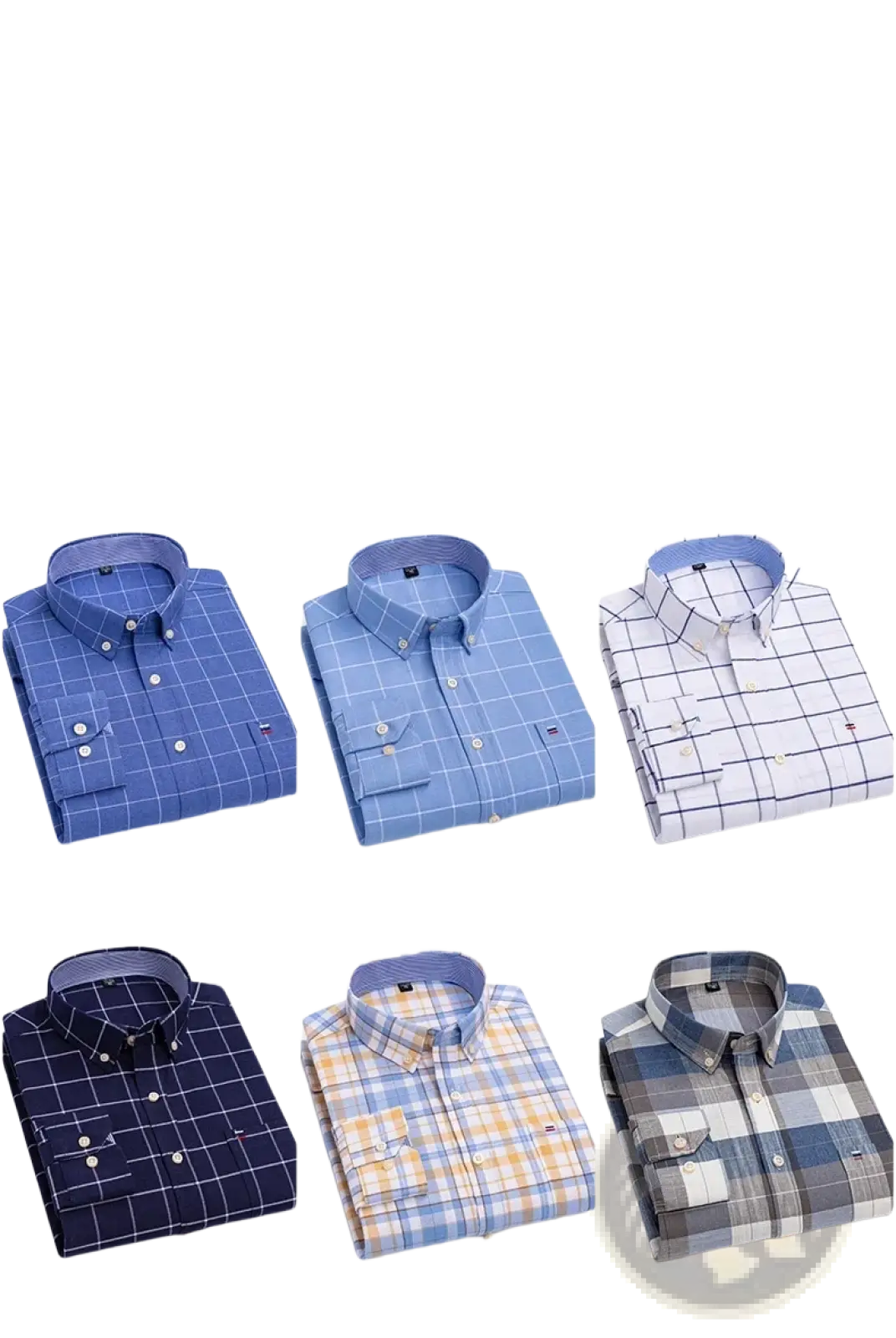 Men 100% cotton oxford slim fit formal button-down shirts in various blue plaid and solid patterns with chest pockets