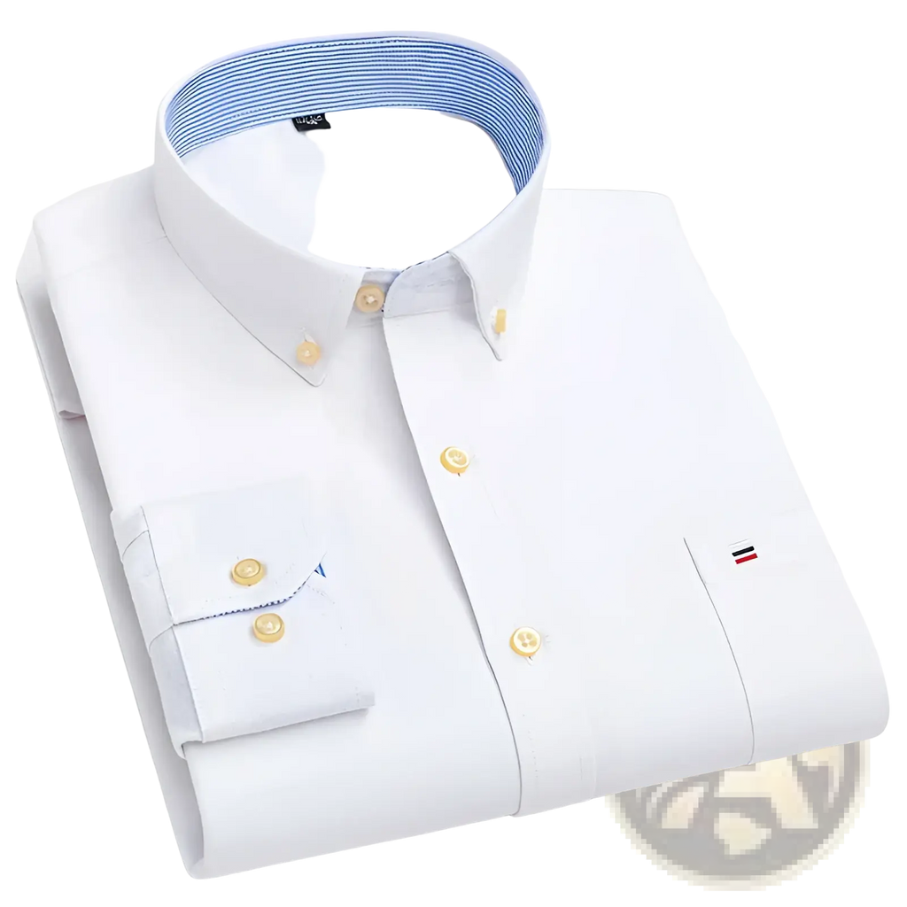 Men 100% cotton oxford slim fit formal white button-down shirt with gold-tone buttons and blue-striped inner collar