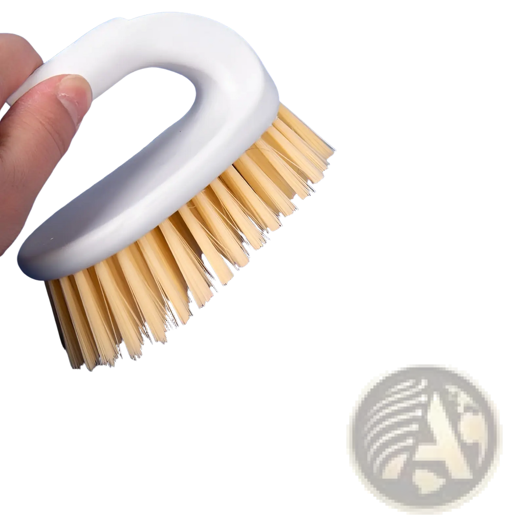 White-handled brush with light beige bristles for cleaning fabric on men 100% cotton oxford slim fit formal shirt