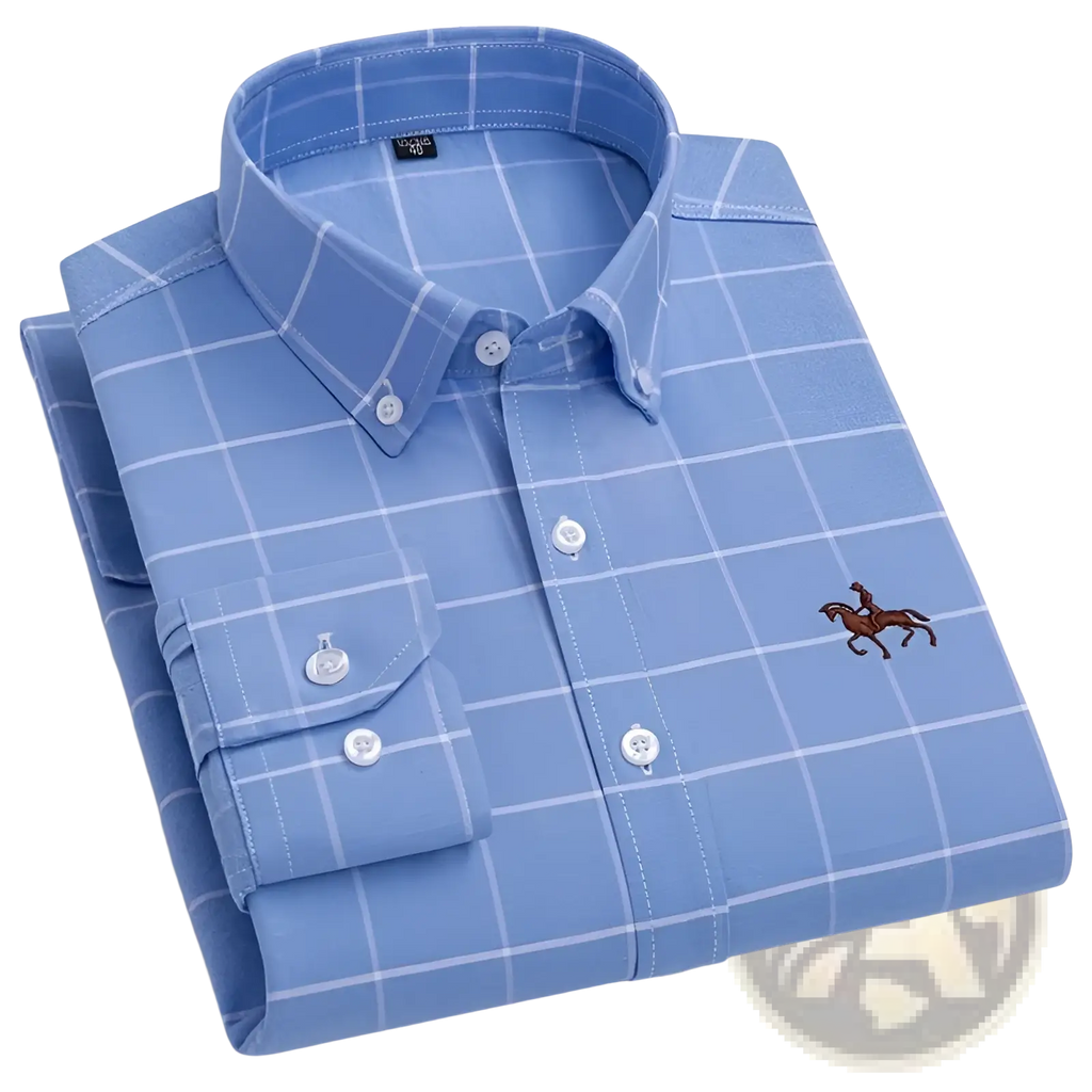 Men 100% cotton oxford slim fit shirt in light blue with white grid pattern and brown embroidered horse logo on left chest
