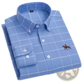 Men 100% cotton oxford slim fit shirt in light blue with white grid pattern and brown embroidered horse logo on left chest