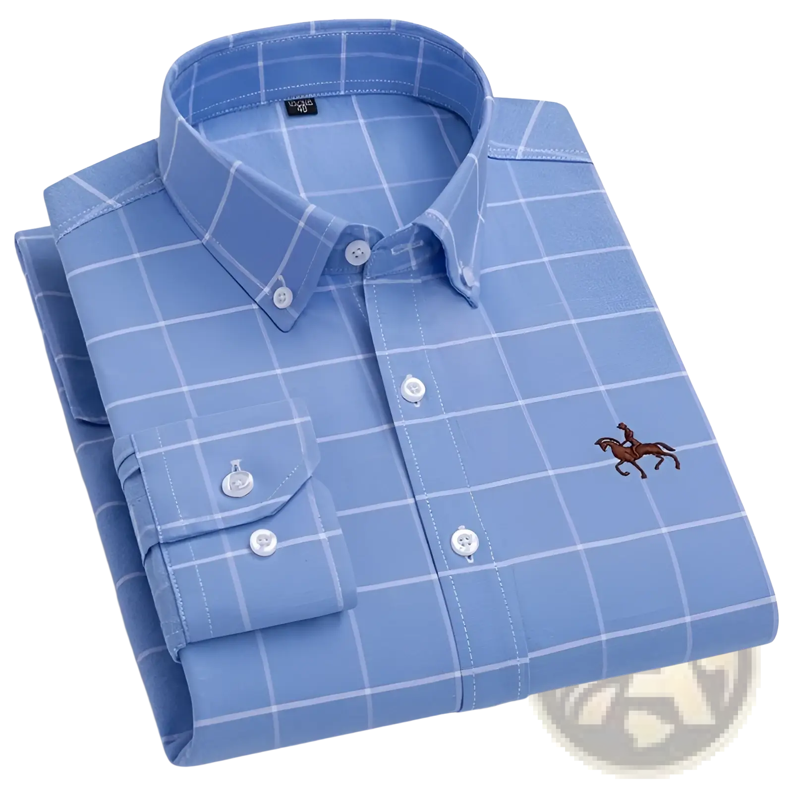 Men 100% cotton oxford slim fit shirt in light blue with white grid pattern and brown embroidered horse logo on left chest