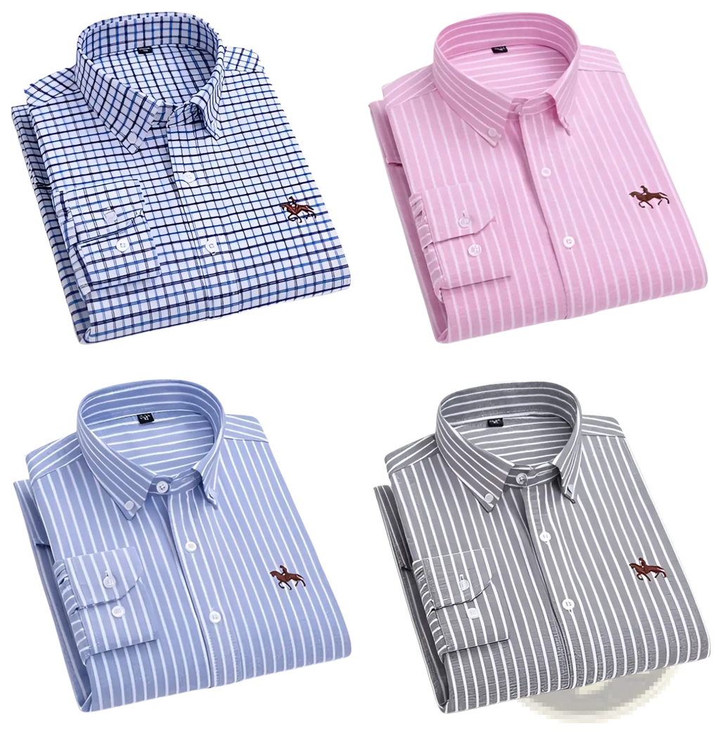 Four folded men 100% cotton oxford slim fit shirts in various colors and patterns with embroidered polo player logos