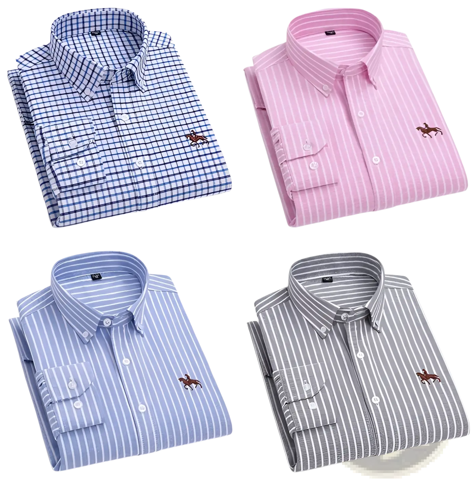 Four folded men 100% cotton oxford slim fit shirts in various colors and patterns with embroidered polo player logos