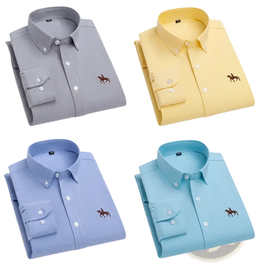 Men 100% cotton oxford slim fit shirts in gray yellow light blue and turquoise with embroidered polo player logo