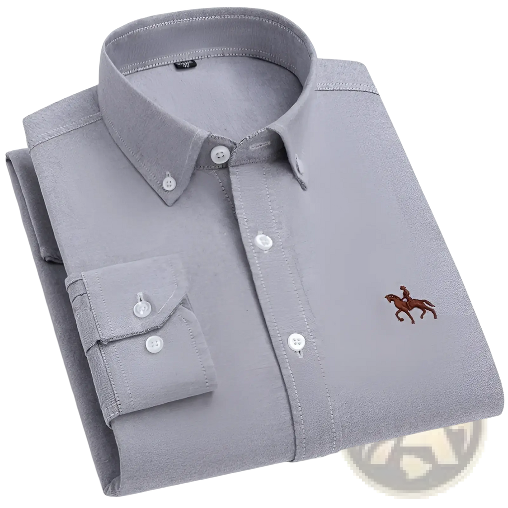 Men 100% cotton oxford slim fit gray shirt with subtle textured weave white buttons and brown horse logo on left chest