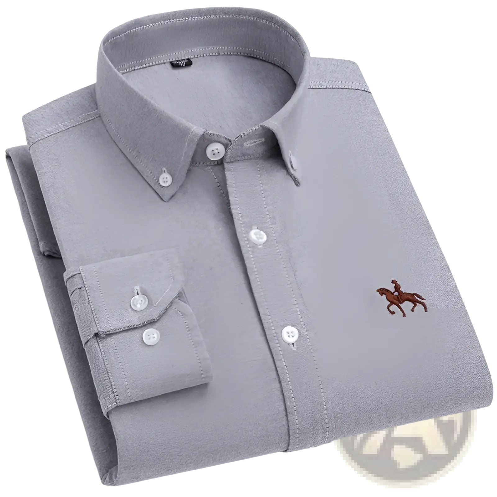 Men 100% cotton oxford slim fit gray shirt with subtle textured weave white buttons and brown horse logo on left chest