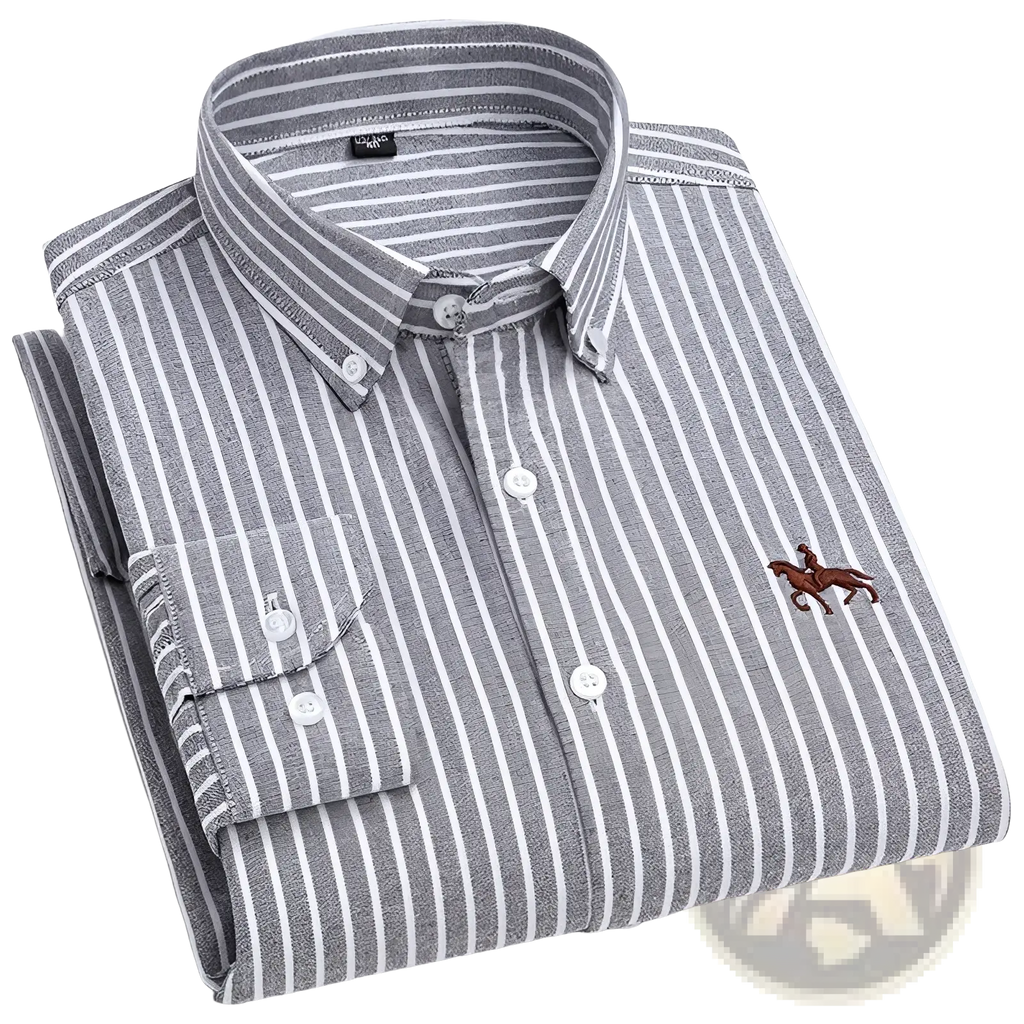 Men 100% cotton oxford slim fit shirt in gray and white stripes with a brown embroidered polo player logo on the chest