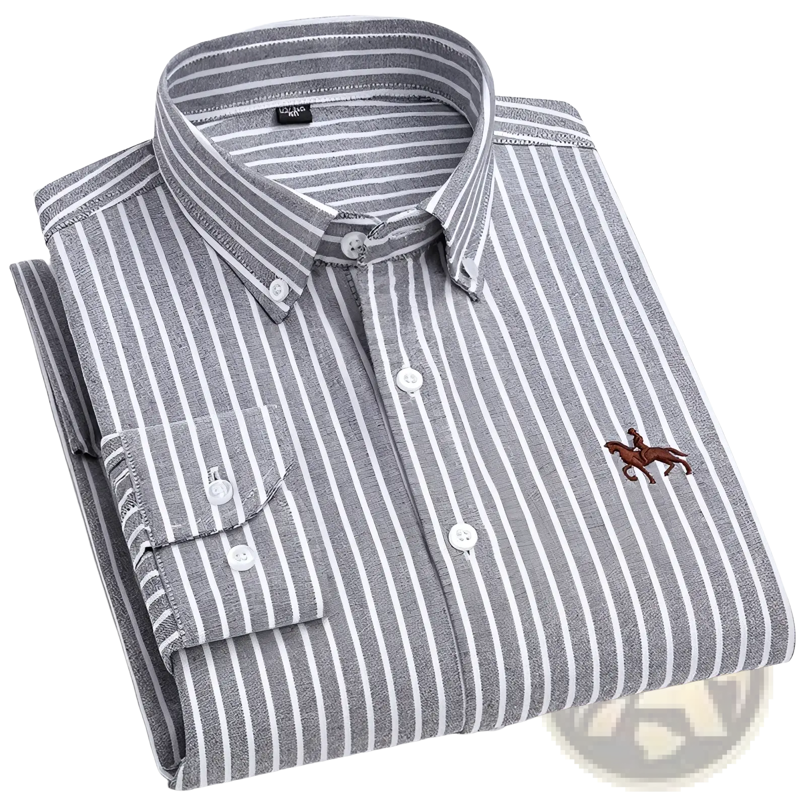 Men 100% cotton oxford slim fit shirt in gray and white stripes with a brown embroidered polo player logo on the chest
