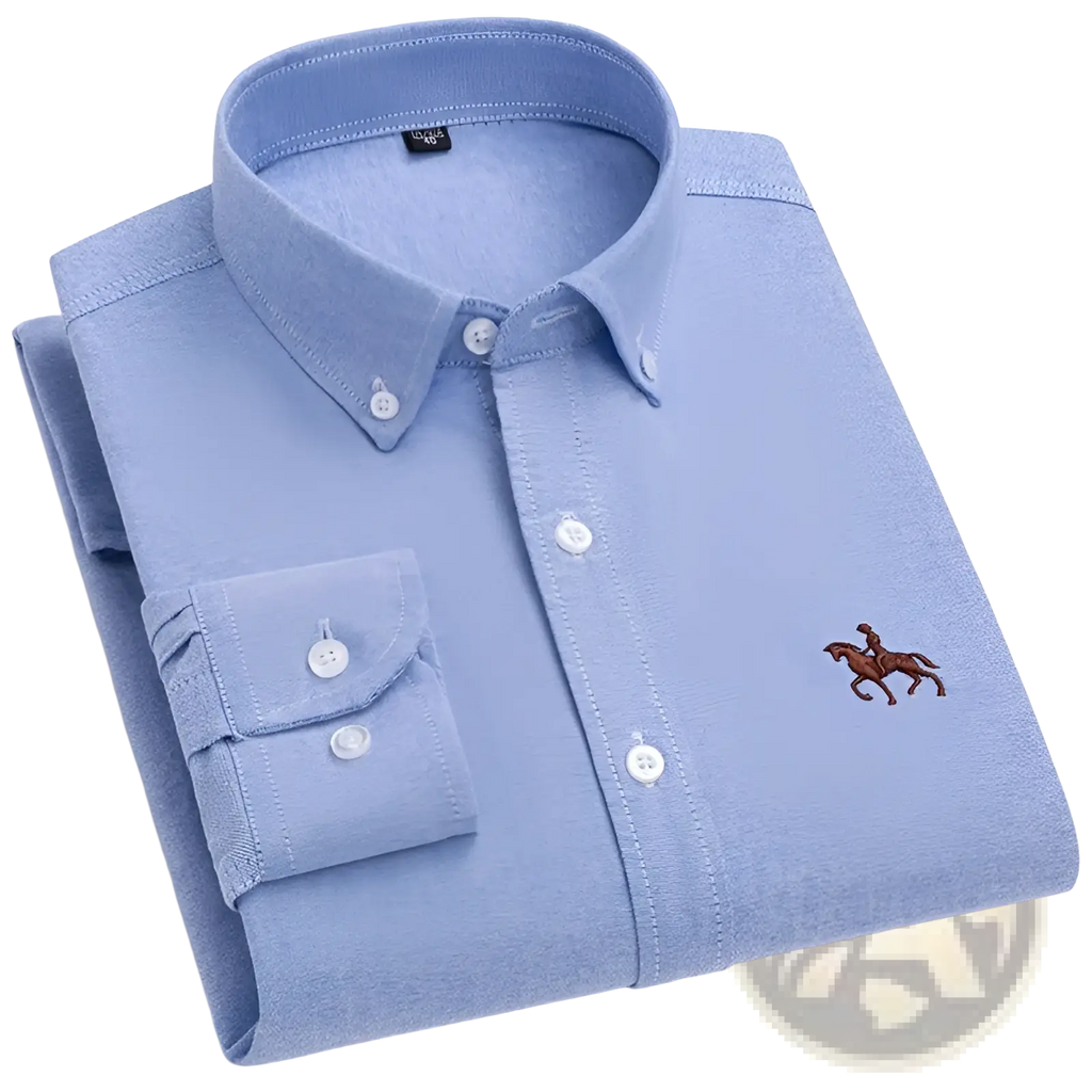 Men 100 percent cotton oxford slim fit shirt in light blue with brown embroidered horse and rider on left chest