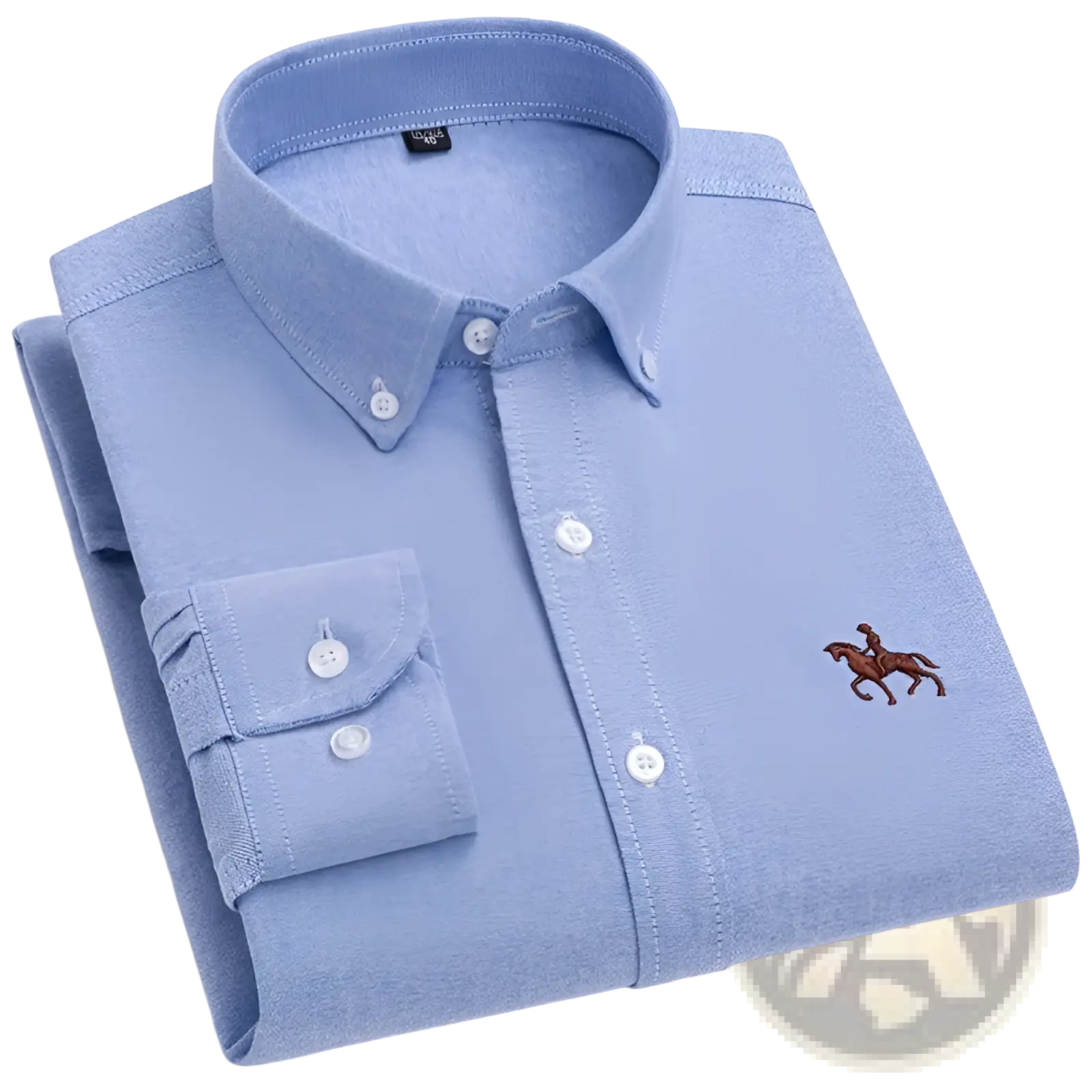 Men 100 percent cotton oxford slim fit shirt in light blue with brown embroidered horse and rider on left chest