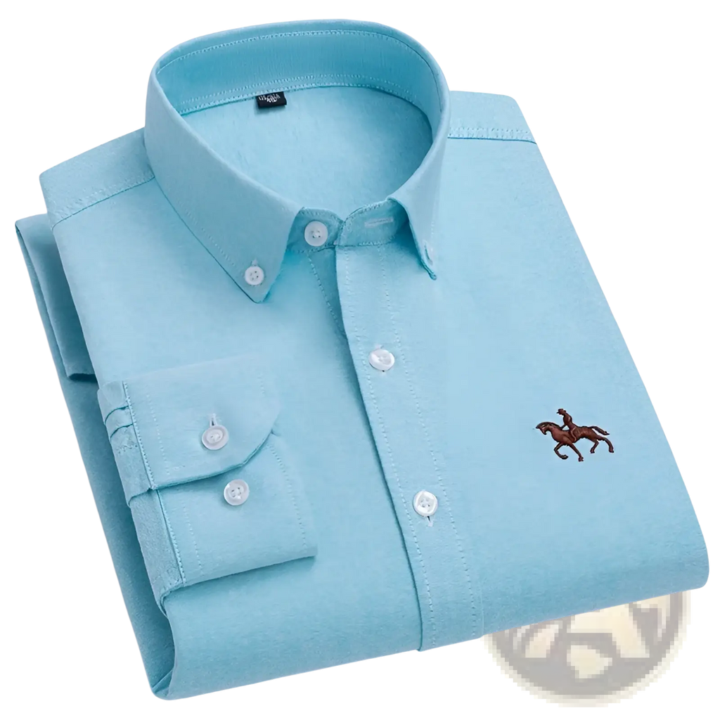 Men 100 percent cotton oxford slim fit light blue button-down shirt with textured weave and embroidered brown horse logo
