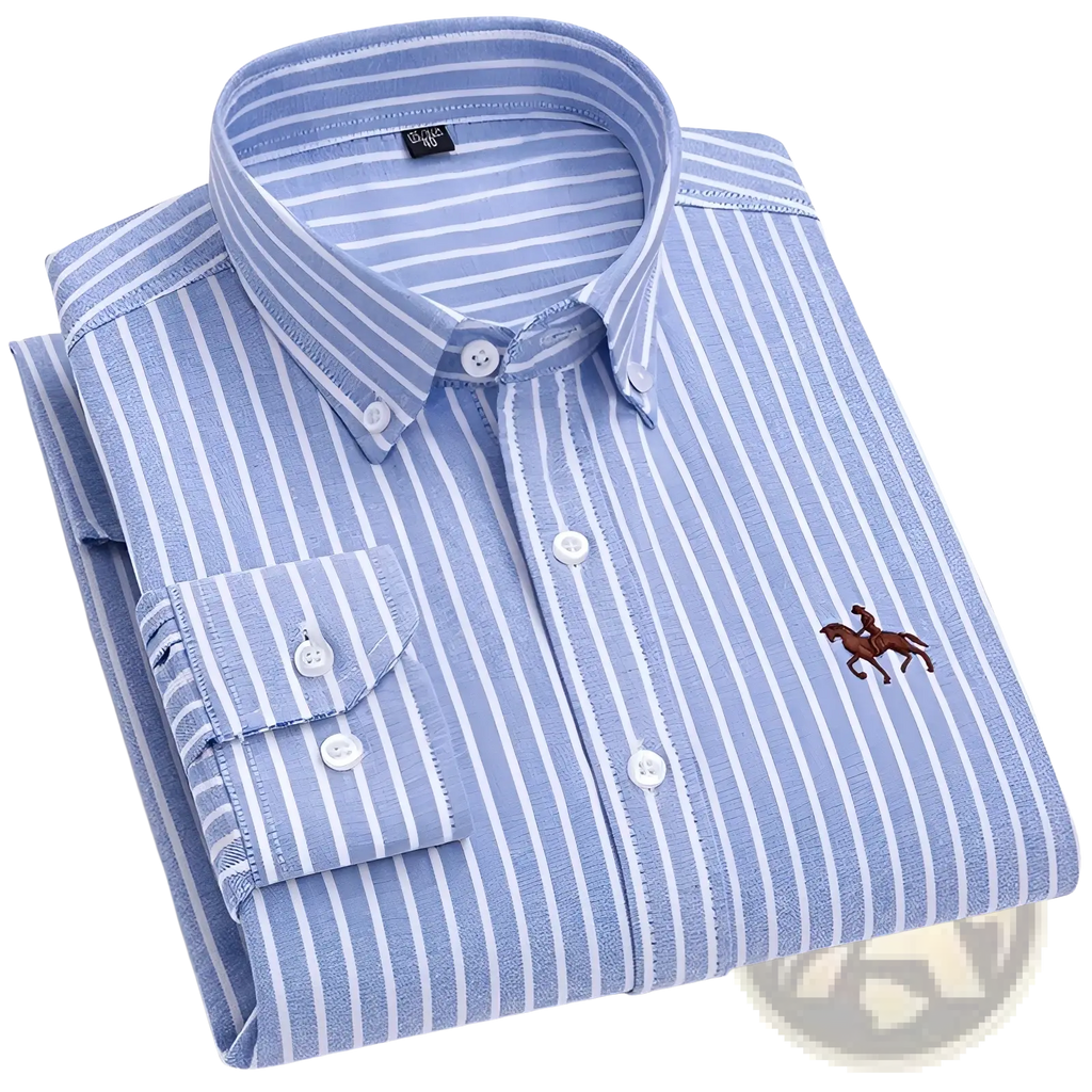 Men 100% cotton oxford slim fit shirt in light blue and white stripes with brown embroidered polo player logo on left chest