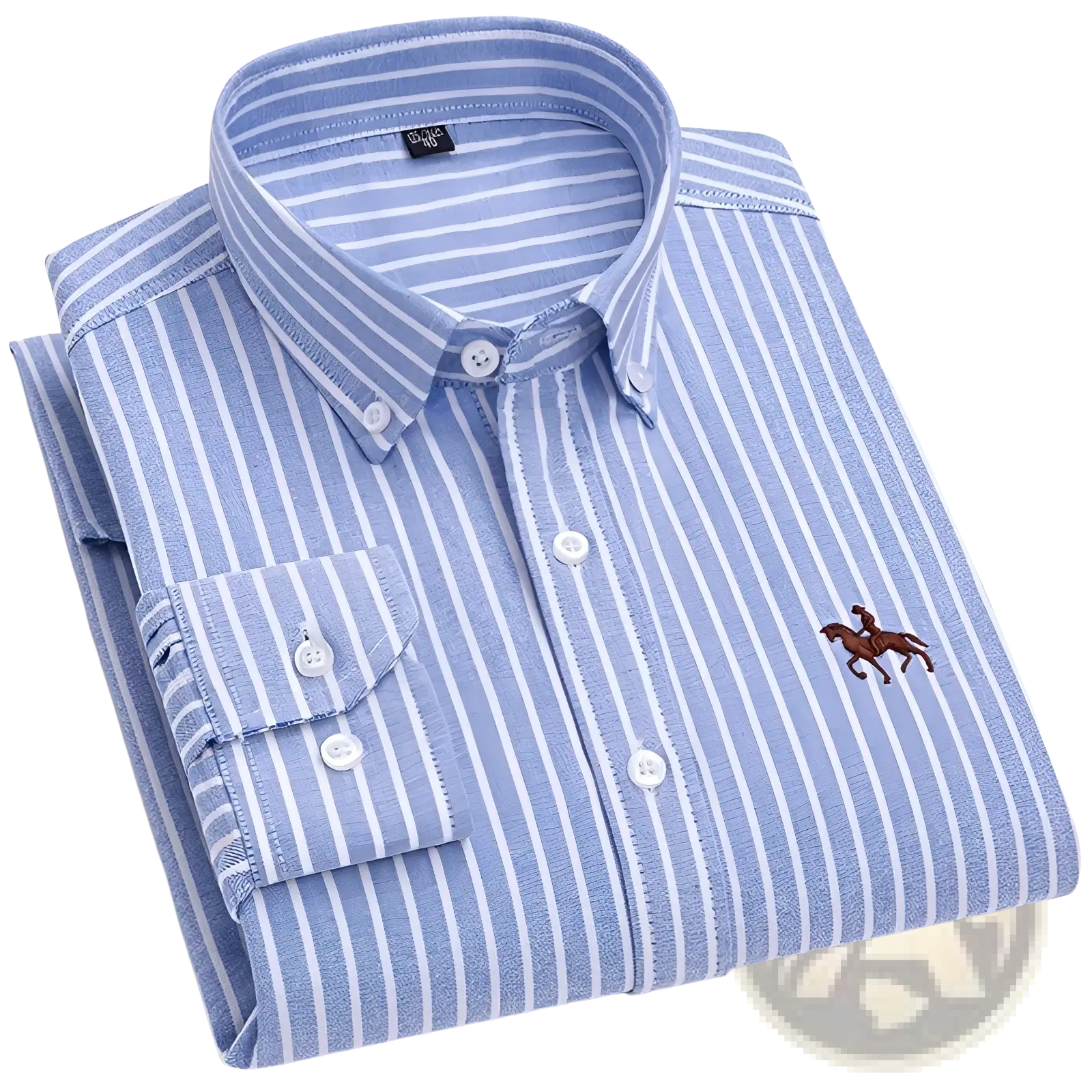 Men 100% cotton oxford slim fit shirt in light blue and white stripes with brown embroidered polo player logo on left chest