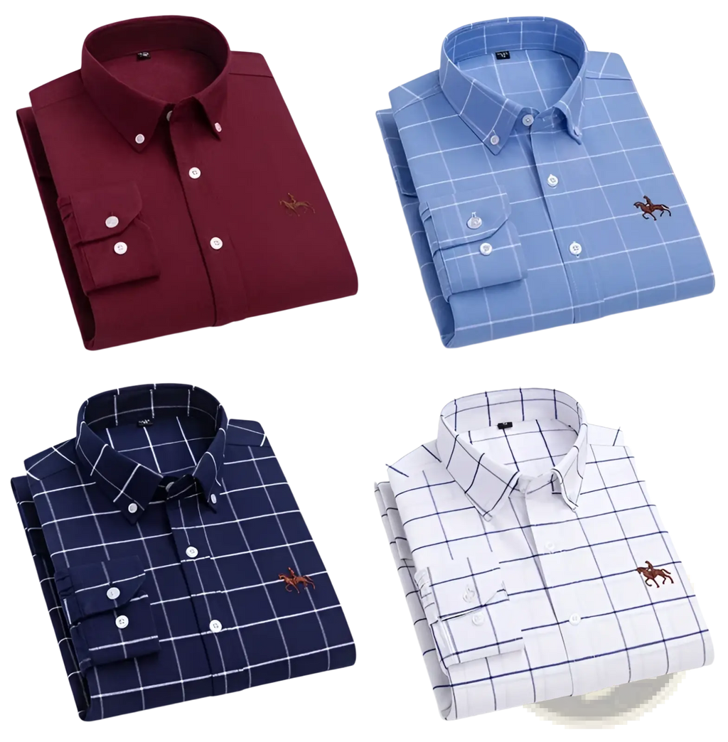 Men 100% cotton oxford slim fit long-sleeved shirts in maroon, blue, navy, and white with subtle grid pattern and horse logo