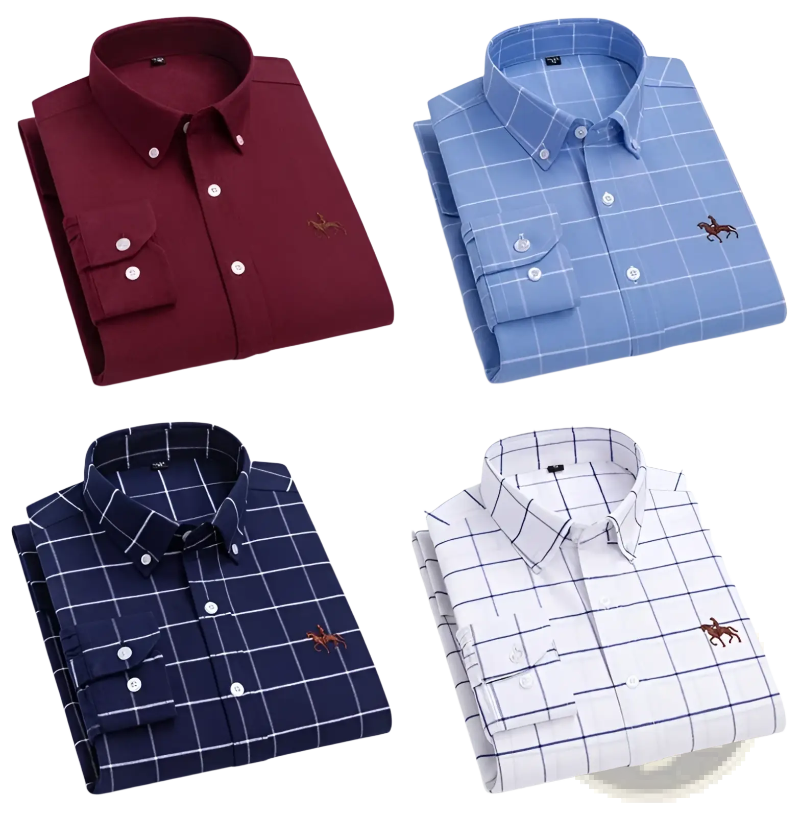 Men 100% cotton oxford slim fit long-sleeved shirts in maroon, blue, navy, and white with subtle grid pattern and horse logo