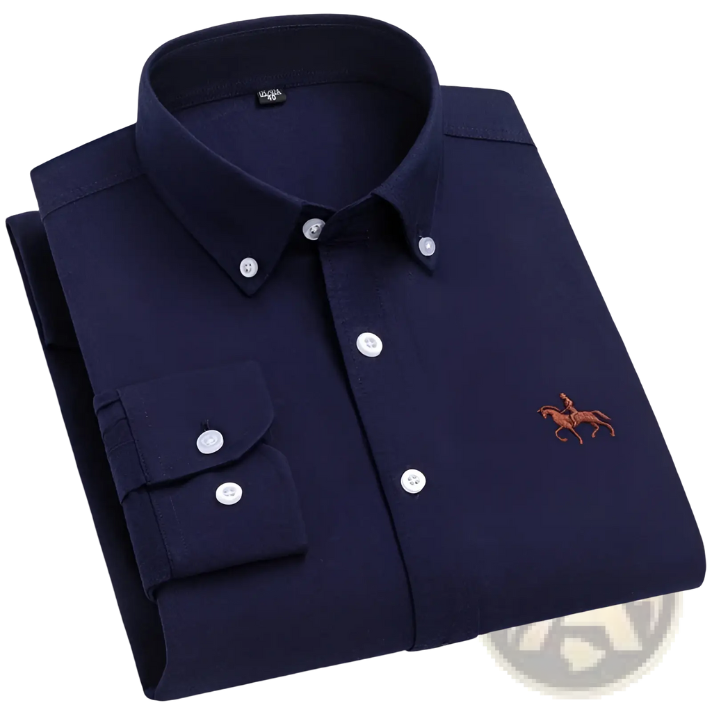 Men 100% cotton oxford slim fit navy blue button-down shirt with white buttons and brown embroidered polo player logo