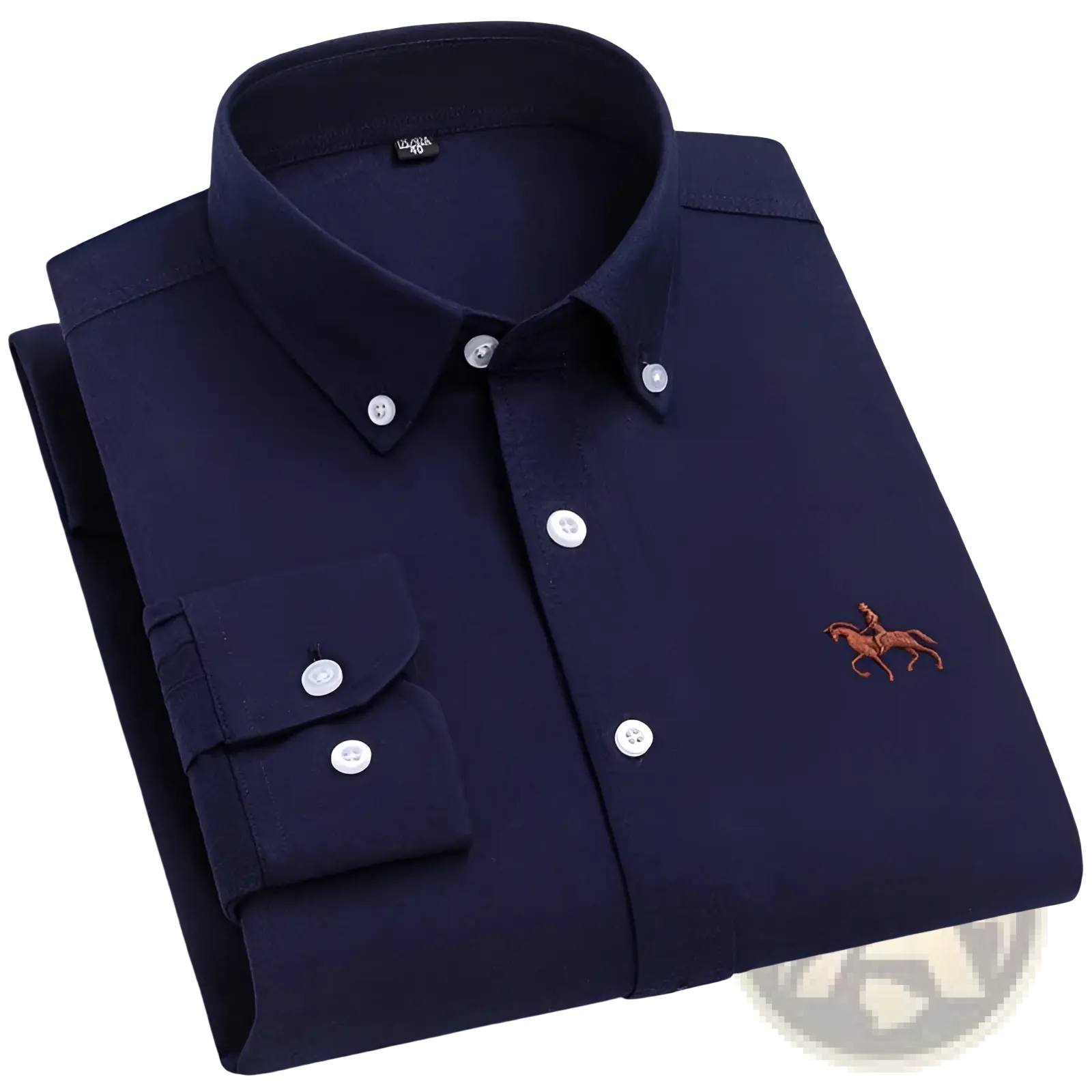 Men 100% cotton oxford slim fit navy blue button-down shirt with white buttons and brown embroidered polo player logo