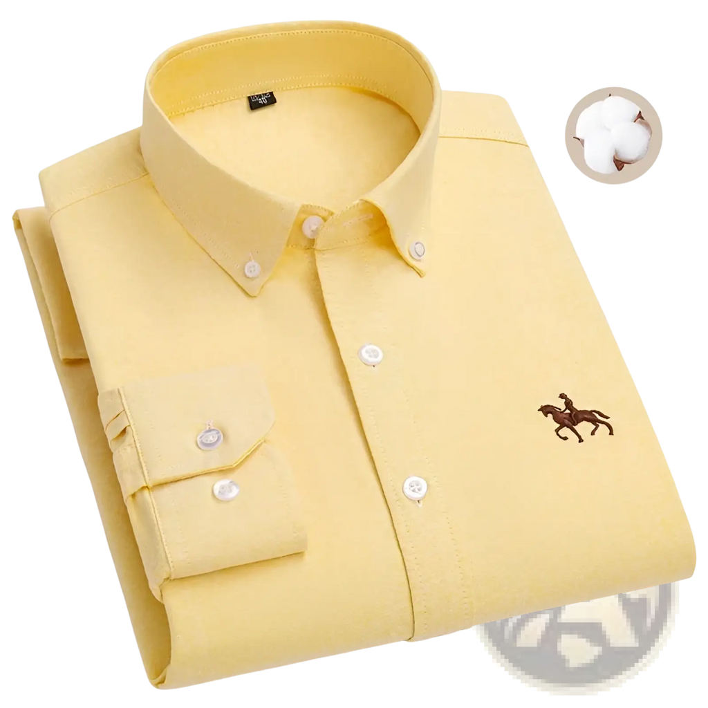 Men 100% cotton oxford slim fit shirt in pale yellow with subtle embroidered horse logo on left chest