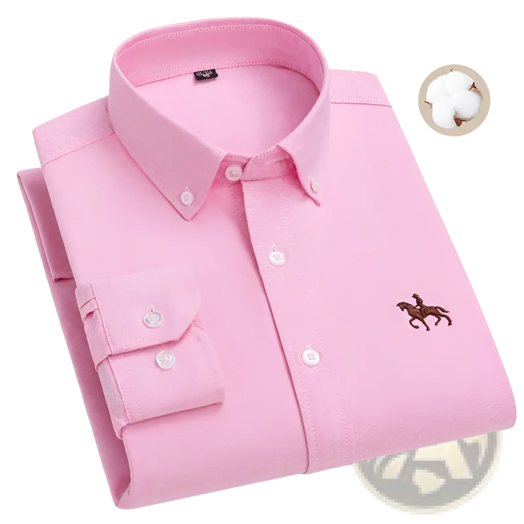Men 100% cotton oxford slim fit pink button-down shirt with subtle texture white buttons and embroidered brown horse logo