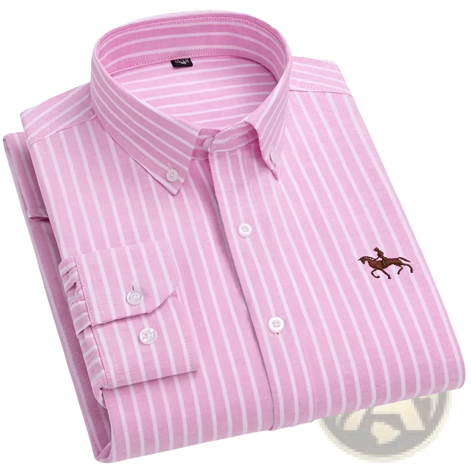Men 100 percent cotton oxford slim fit shirt with pink and white vertical stripes and brown embroidered horse logo